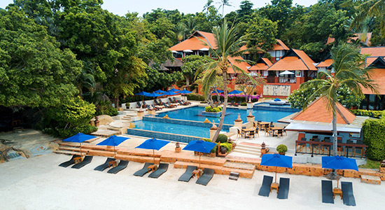 View of a tropical, tree-lined resort with shimmering outdoor pool beside a white sugar sand beach.